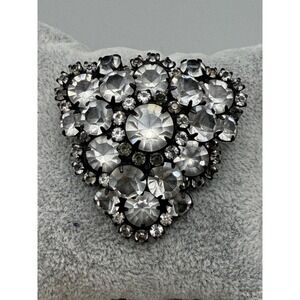 Vintage Rhinestone Cluster Brooch Black Metal Clear Stones Triangle Shape #1060